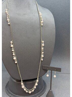 Beaded Necklace Earrings Set 40 Silver Chain White Clear Elegant Fun Retro Party